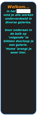Welkom...
in het Portfolio vind je alle werken onderverdeeld in diverse galeries.

Door onderaan in de balk op ‘volgende’ te klikken doorloop je een galerie.
‘Home’ brengt je weer hier.





